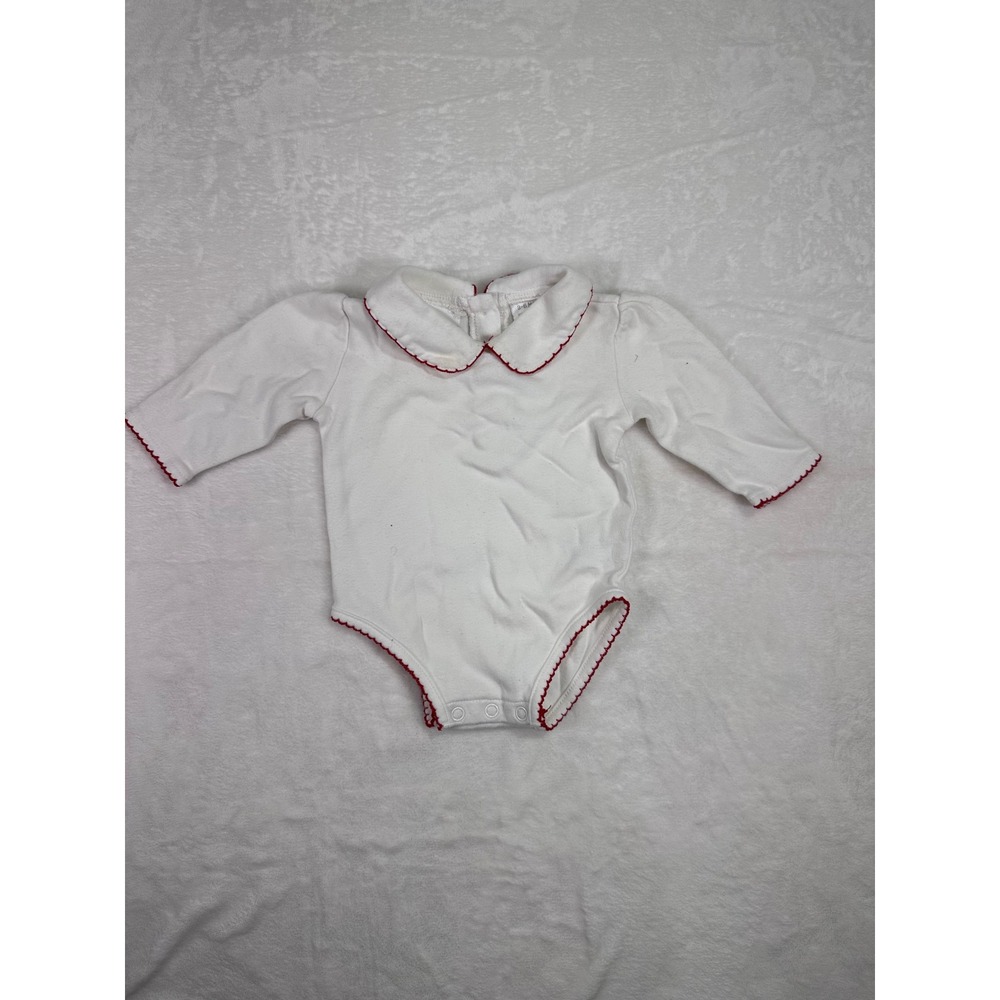 Miniwear Peter Pan Collar Bodysuit 3-6M White Red Picot Trim Long Sleeve Baby